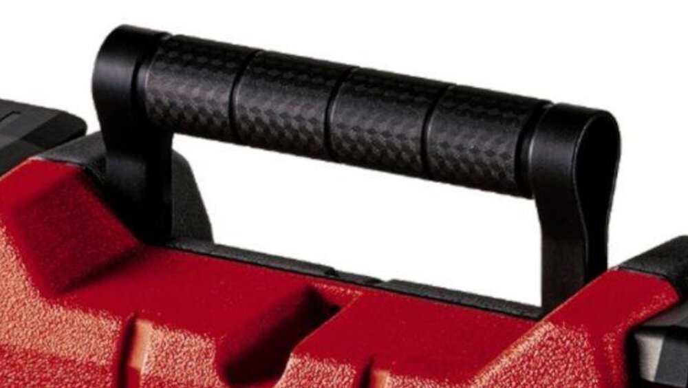 Walizka narzędziowa EINHELL E-Box S35-33 zbliżenie na uchwyt białe tło ergonomiczny uchwyt waga około 1,69 kg udźwig do 12 kg rozmiar 35 × 33 × 11,5 cm