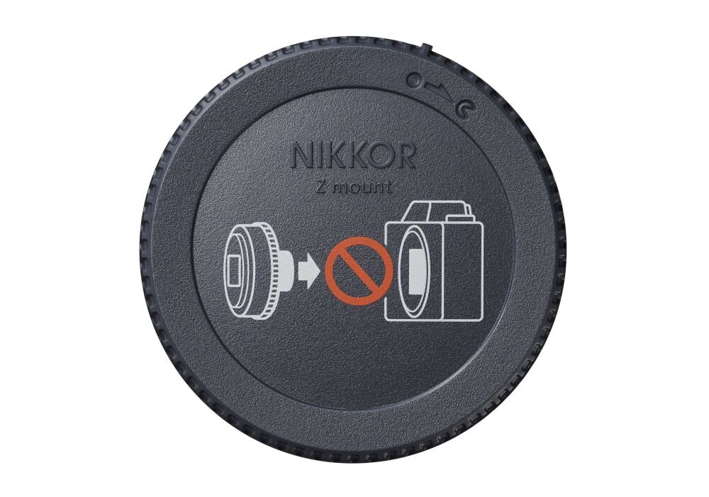 Czarna pokrywa obiektywu z napisem \'NIKKOR Z mount\' oraz grafiką przedstawiającą obiektyw i aparat z symbolem zakazu pomiędzy nimi.