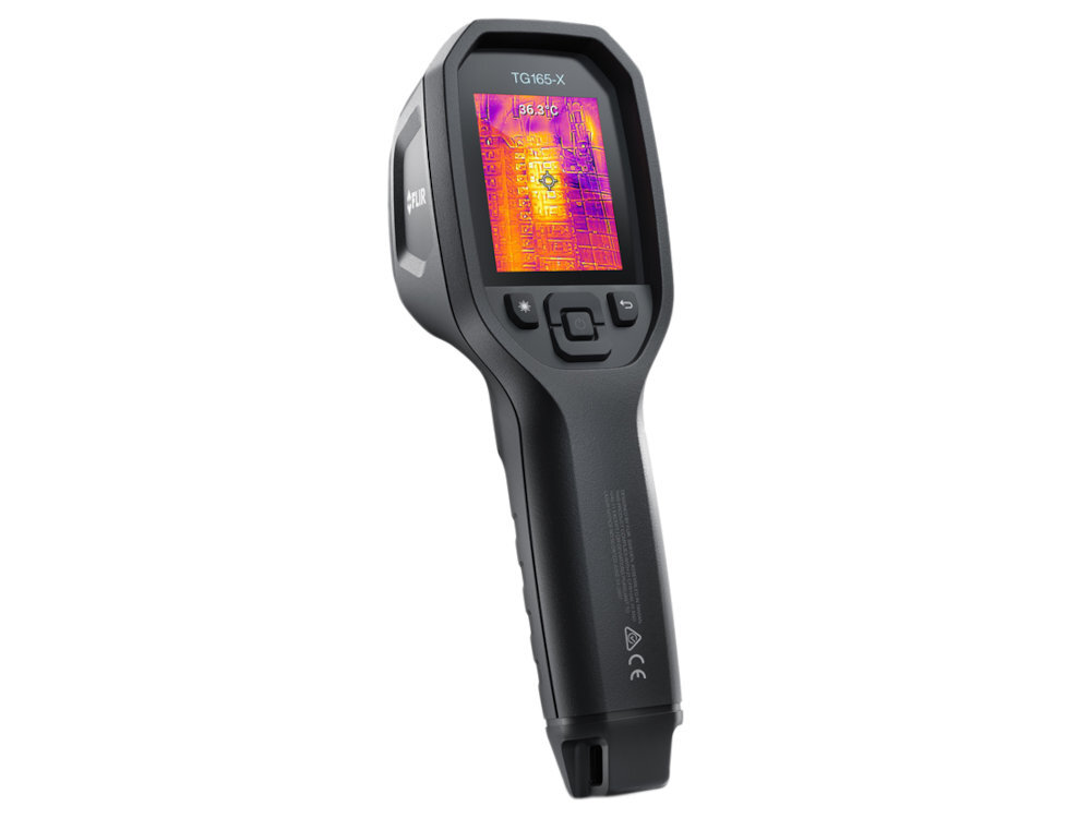 FLIR TG165-X FLIR TG165-X -25°C do 300°C ±1,5°C 50-100°C Czułość termiczna <70mK wycieki powietrza problemy HVAC - kamera od tyłu na białym tle, widoczny panel sterowania oraz ekran