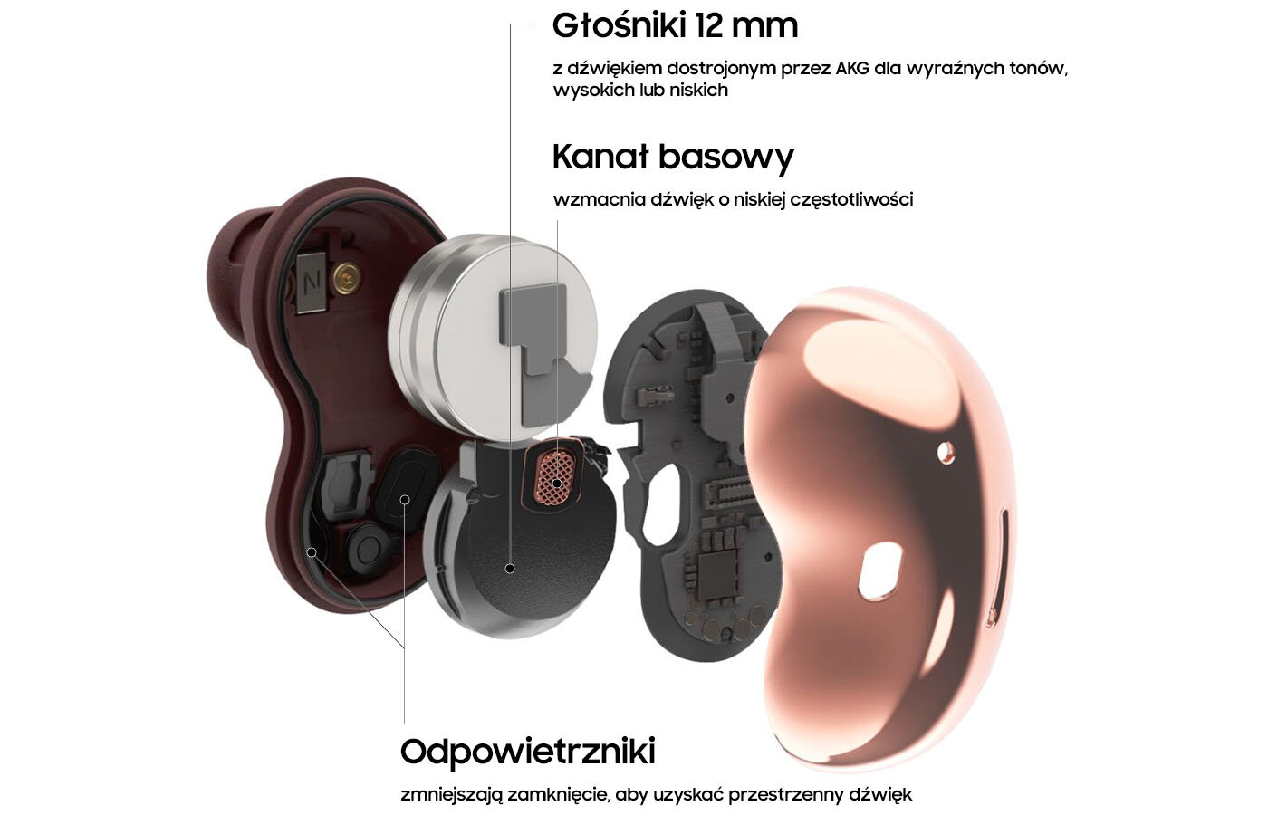 Grafika pokazująca przekrój techniczny słuchawek galaxy buds live