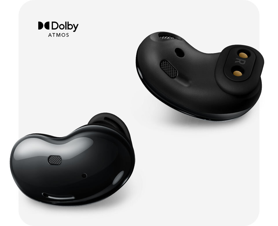 Grafika informująca o technologii Dolby Atmos w słuchawkach galaxy buds live dostepnych w mediaexpert