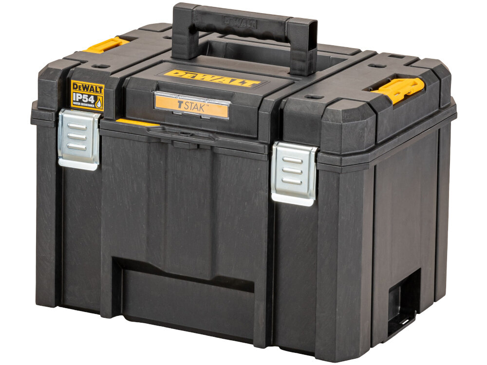 Skrzynka narzędziowa DEWALT DWST83346-1 białe tło skrzynka widoczna od przodu pod skosem waga 3 kg solidny uchwyt bezpieczny transport