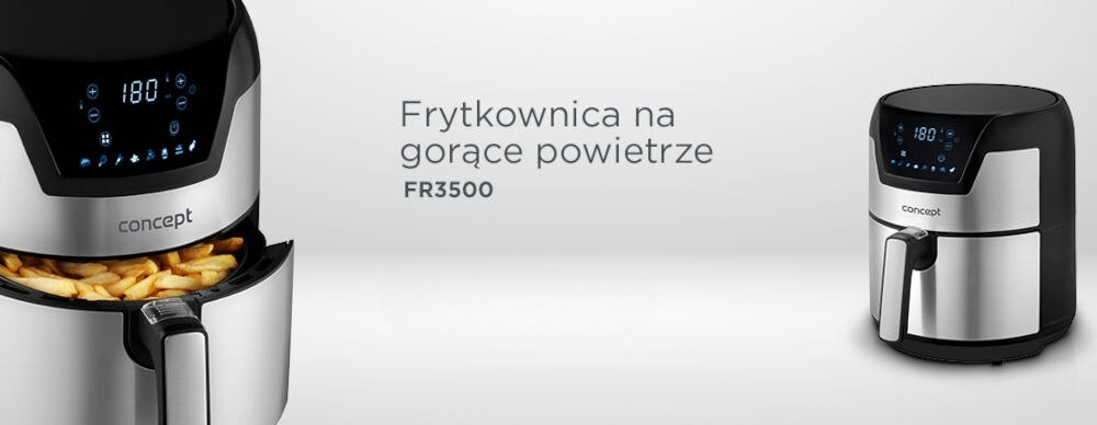 Air Fryer Frytkownica beztłuszczowa CONCEPT FR3500 ulubione smażone potrawy jasne tło frytkownica srebrna obudowa panel dotykowy ikonki podświetlenie frytki w koszu frytkownicy