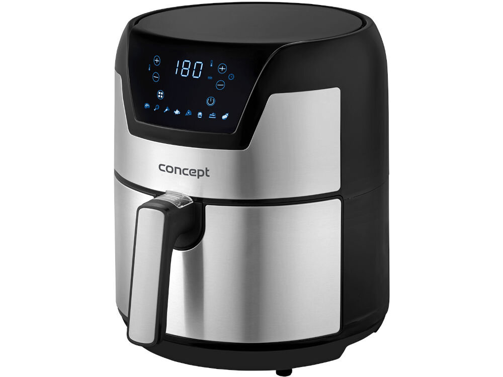 Air Fryer Frytkownica beztłuszczowa CONCEPT FR3500 frytkownica stoi bokiem uchwyt panel dotykowy srebrna obudowa białe tło kompaktowa budowa (28 x 34.5 x 33 cm) w mniejszych kuchniach smażenie pieczenie grillowanie wielofunkcyjny pomocnik szybsze przygotowywanie potraw niż w piekarniku oszczędność czasu i energii do codziennego gotowania podczas przyjęć optymalne efekty minimalny wysiłek