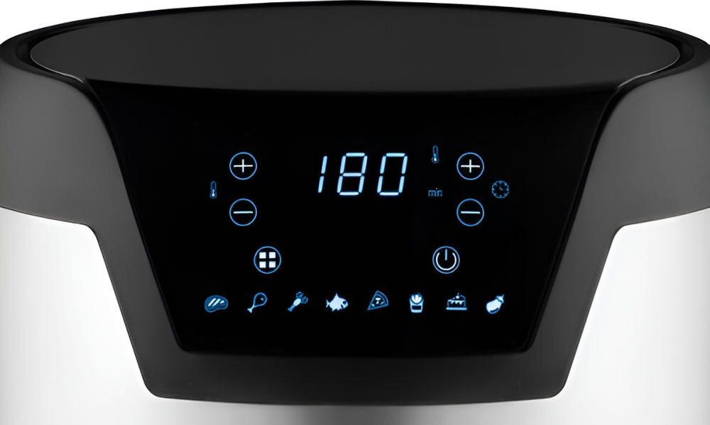 Air Fryer Frytkownica beztłuszczowa CONCEPT FR3500 wyświetlacz ikonki srebrny kolor białe tło niebieskie podświetlenie elegancki design cyfrowy wyświetlacz LED prosta intuicyjna obsługa dotykowy panel sterowania szybkie wybieranie ustawień i programów informuje o pozostałym czasie oraz temperaturze pełna kontrola stylowy wygląd w każdej kuchni sygnał dźwiękowy gotowość potrawy