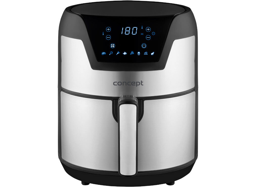 Air Fryer Frytkownica beztłuszczowa CONCEPT FR3500 frytkownica srebrna białe tło elementy czarnego uchwyt programy wyświetlacz niebieskie podświetlenie ikonki antypoślizgowe nóżki bezpieczna i wygodna obsłudze zabezpieczenie przed przegrzaniem chroni urządzenie przed uszkodzeniem ergonomiczny uchwyt chłodny w dotyku komfort ochrona przed poparzeniem antypoślizgowe nóżki stabilność funkcjonalna bezpieczna