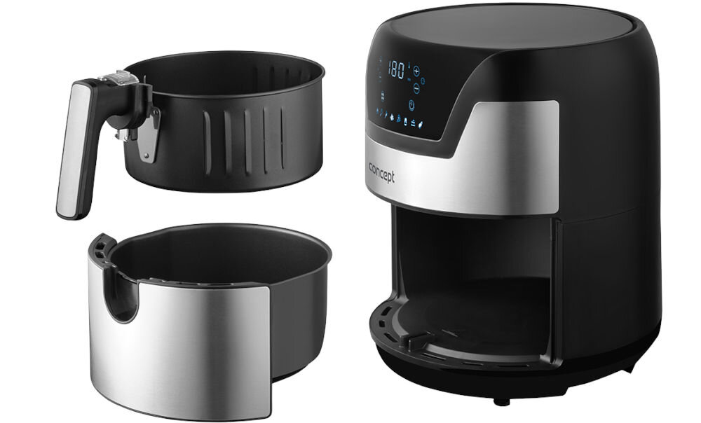 Air Fryer Frytkownica beztłuszczowa CONCEPT FR3500 frytkownica kosz wyjęte białe tło uchwyt ikonki wyświetlacz srebrna obudowa wyjmowany kosz o pojemności 2,5 litra nieprzywierająca powłoka potrawy nie przywierają do powierzchni proste czyszczenie kosz można wyjąć i umyć w zmywarce oszczędność czasu utrzymanie w czystości nadmiaru tłuszczu wygodna w codziennym użytkowaniu