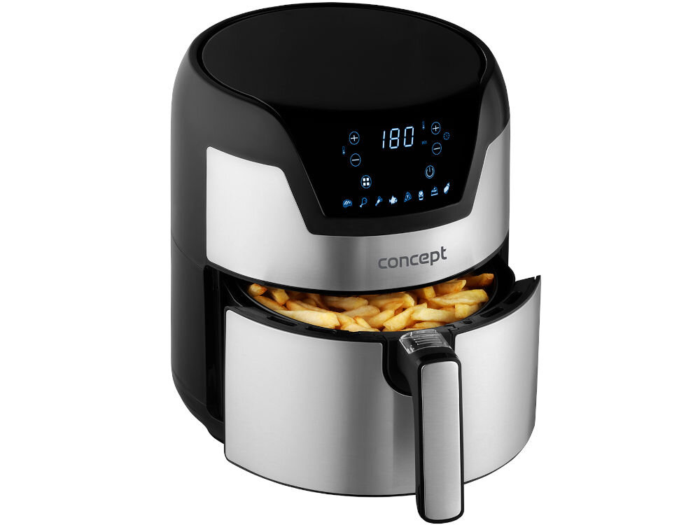 Air Fryer Frytkownica beztłuszczowa CONCEPT FR3500 frytkownica otwarta kosz frytki w koszu uchwyt białe tło srebrna obudowa wyświetlacz szeroki zakres regulacji temperatury od 80 do 200°C dostosowanie parametrów timer (1-60 minut) automatycznie wyłącza urządzenie wygoda i bezpieczeństwo moc 1500 W efektywne działanie optymalne zużycie energii praktyczne rozwiązania dla każdego zdrowe i szybkie gotowanie