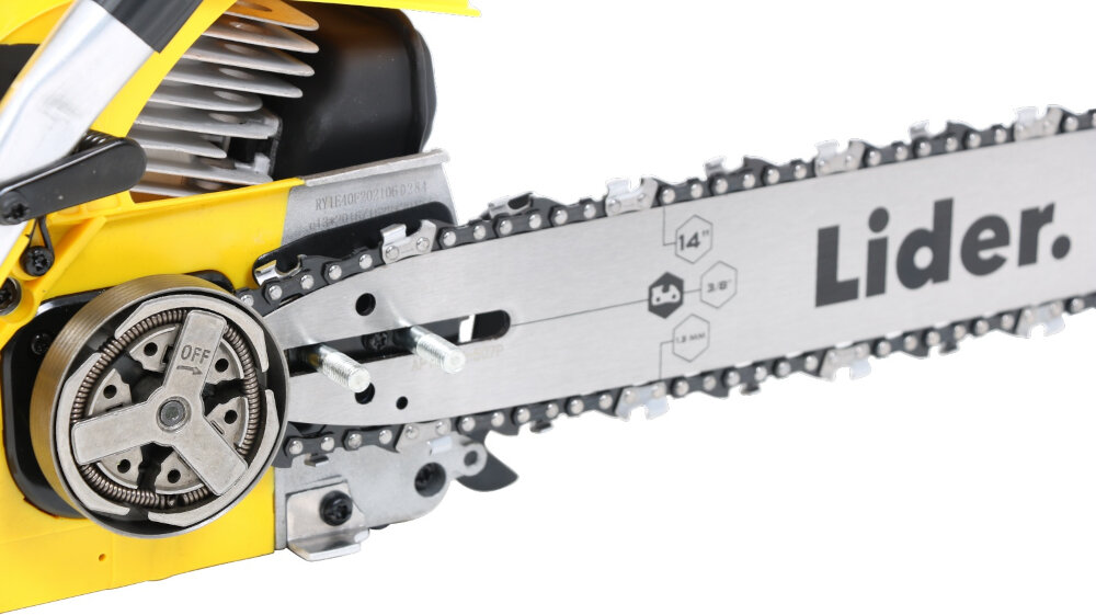 Piła spalinowa LIDER RG 4114-A4 do typowych prac wycinkowych do niezwykle precyzyjnych zadań specjalnych prowadnica o długości 35 cm łańcuch klasyczny układ naciągu i blokowania prowadnicy z dwoma nakrętkami wydajna