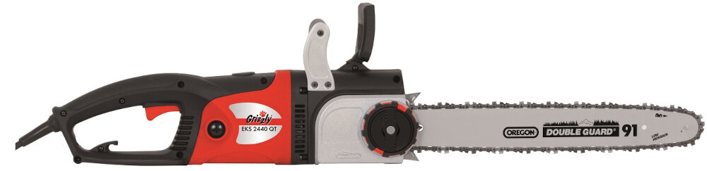 Piła elektryczna GRIZZLY EKS 2440 QT funkcjonalna do przygotowania drewna na opał do skracanie gałęzi krzewów i małych drzew potężny silnik automatyczne smarowanie łańcucha automatyczny hamulec
