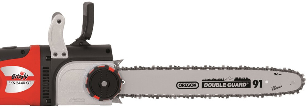 Piła elektryczna GRIZZLY EKS 2440 QT do typowych prac wycinkowych do niezwykle precyzyjnych zadań specjalnych prowadnica marki OREGON długość 40 cm łańcuch o grubości 1,3 mm automatyczny hamulec