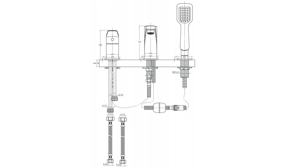 BATERIA WANNOWA DEANTE Jasmin BGJ 013M CHROM wymiary gwint wężyk zasięg wylewka wąż