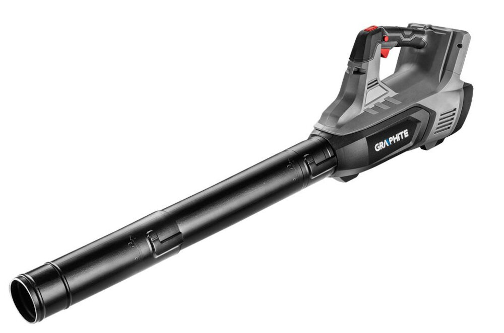 Dmuchawa do liści GRAPHITE Energy+ 58G044 uchwyt wygodny ergonomiczny waga 2,5 kg poziom mocy akustycznej 95,6 dB przycisk włączenia opcji turbo przycisk blokady do pracy ciągłej