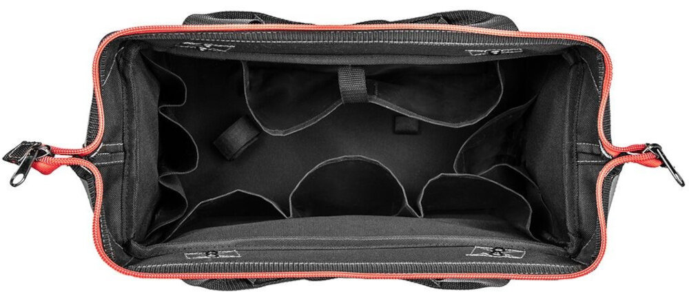 Zestaw toreb narzędziowych GRAPHITE Energy+ 58G088 otwarta torba na białym tle widok z góry duża liczba kieszeni wewnętrznych i zewnętrznych zaczepy wewnętrzne efektywna organizacja szybki start do pracy