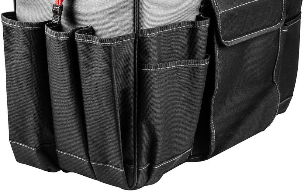 Zestaw toreb narzędziowych GRAPHITE Energy+ 58G088 zbliżenie na dno torby sztywna konstrukcja wzmocnione dna ochrona przed uszkodzeniami i wilgocią poliester o gęstym splocie odporność na przecieranie wymiary torby GRAPHITE Energy+ 58G093 480 x 445 x 280 wymiary torby GRAPHITE Energy+ 58G092 410 × 210 × 410 mm