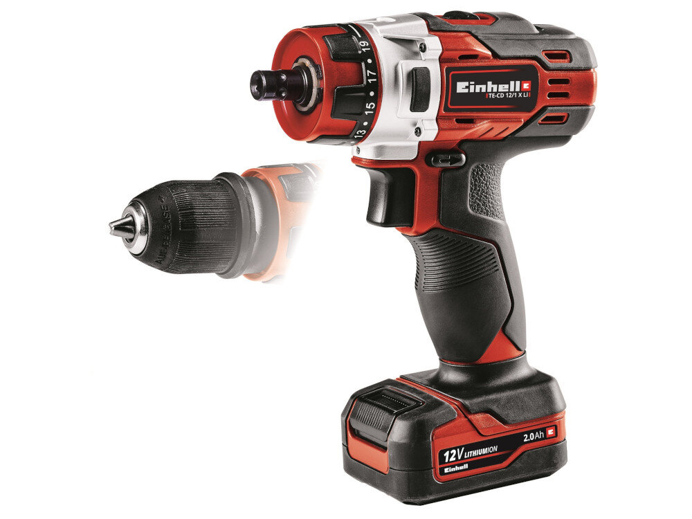 Wiertarko-wkrętarka EINHELL TE-CD 12-1 X-Li 4513592 szybkomocujący uchwyt wiertarski 13 mm uniwersalne wkręty szybki montaż i demontaż