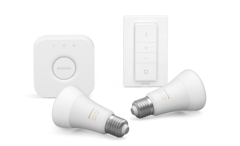 Oświetleniowy zestaw startowy PHILIPS HUE 929002216806 9W E27 (2 szt.) zestaw 2 żarówki LED przełącznik mostek HUE inteligentne żarówki proste w obsłudze w montażu sterowane głosem przez Bluetooth