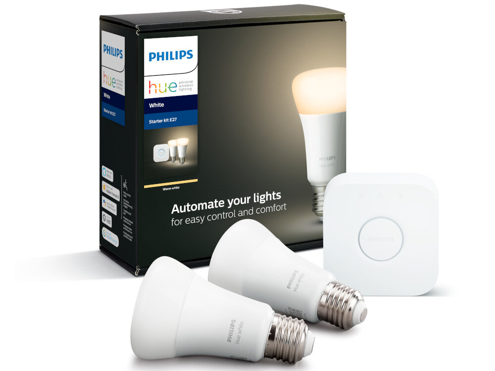 Oświetleniowy zestaw startowy PHILIPS HUE 929001821601 9W E27 (2 szt.) klasa energetyczna A+ trzon E27 żywtotność do 50000 godzin strumień świetlny 806 lm moc 9W w zestwie 2 żarówki HUE mostek HUE Bridge zasilacz kabel sieciowy Ethernet