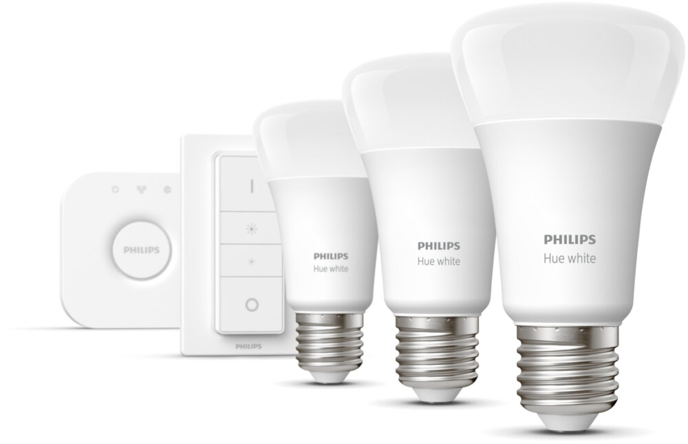 Oświetleniowy zestaw startowy PHILIPS HUE 929001821604 9W E27 (3 szt.) zestaw 3 żarówki LED przełącznik mostek HUE inteligentne żarówki proste w obsłudze w montażu sterowane głosem przez Bluetooth