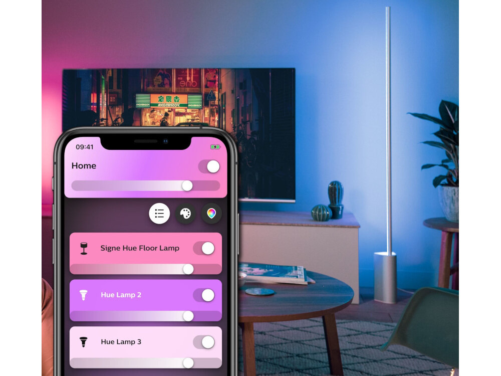 Lampa podłogowa PHILIPS HUE Signe aplikacja mobilna Philips Hue Bluetooth dostępna na iOS Android maksymalnie 10 punktów świetlnych