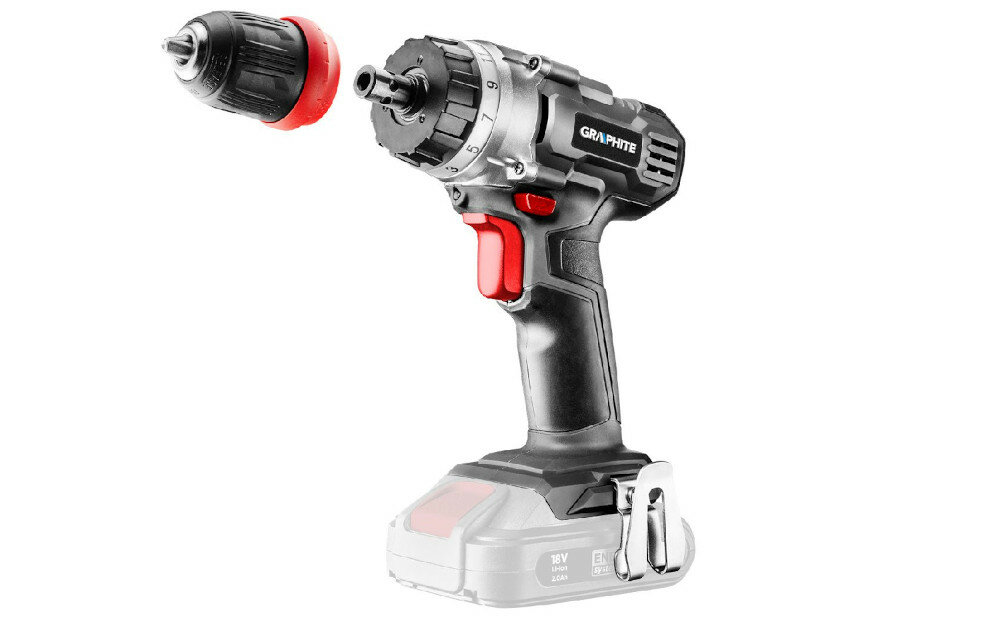 Wiertarko-wkrętarka GRAPHITE 58G010-CS Energy+ zasilanie akumulatorowe akumulator Li-Ion napięcie 18 V pojemność 2,0 Ah technologia litowo-jonowa maksymalny moment obrotowy do 44 Nm