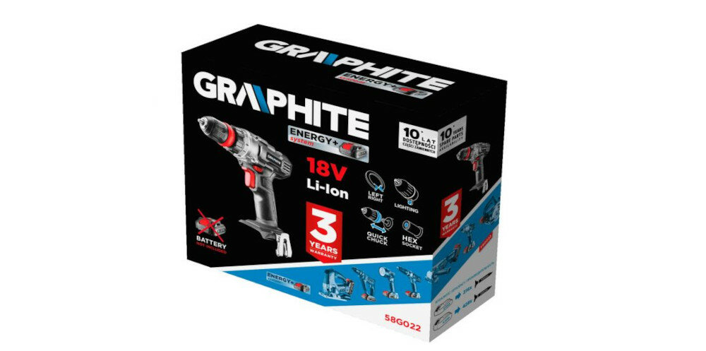 Wiertarko-wkrętarka GRAPHITE 58G010-CS Energy+ w zestawie akumulator ładowarka zaczep do paska instrukcja obsługi w języku polskim karta gwarancyjna