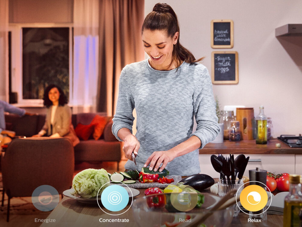 Oprawa wisząca PHILIPS HUE Cher 915005912701 cztery aranżacje świetlne energetyzujące zwiększające koncentrację do czytania relaksu dwie chłodniejsze barwy białego światła dwie cieplejsze barwy