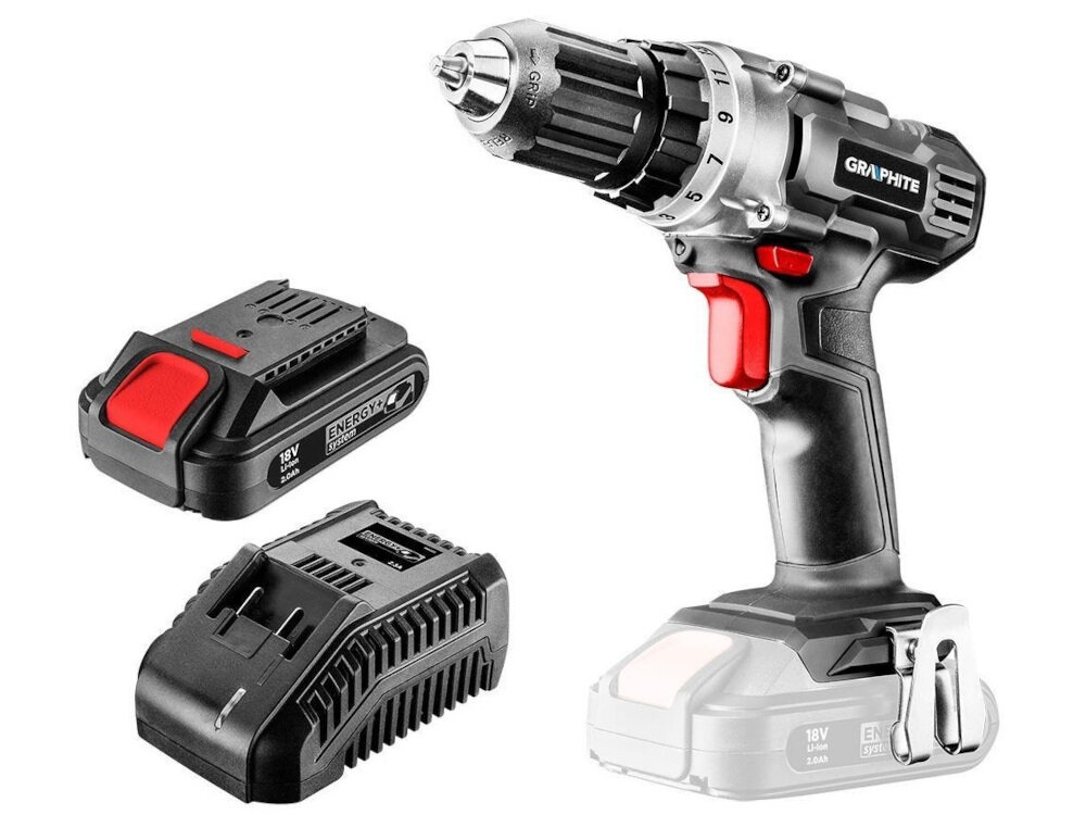 Wiertarko-wkrętarka GRAPHITE 58G000-SET1 Energy+ w zestawie akumulator ładowarka zaczep do paska instrukcja obsługi w języku polskim karta gwarancyjna