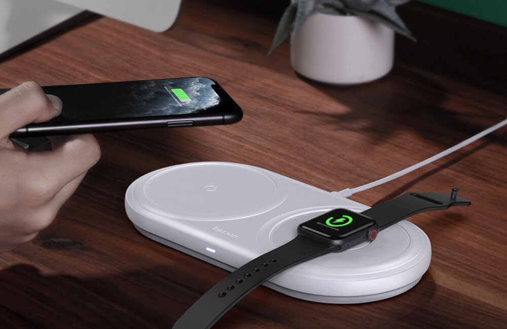 ŁADOWARKA INDUKCYJNA 2W1 BASEUS PLANET SMARTFON + APPLE WATCH 24W BIAŁA elementy zestawu ładowanie smartfon zegarek Apple Watch