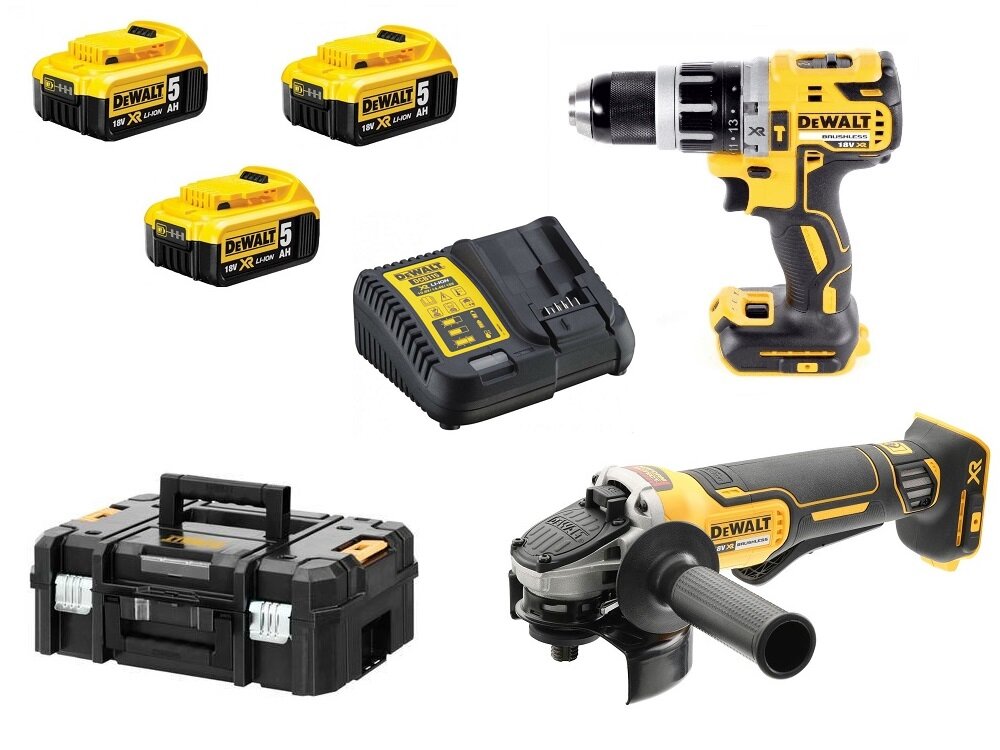 Zestaw Combo DEWALT DCK204P3T w zestawie szlifierka kątowa wiertarko-wkrętarka 3 akumulatory ładowarka 2 walizki transportowe zaczep do paska rękojeść boczna osłona tarczy klucz instrukcja obsługi w języku polskim karta gwarancyjna