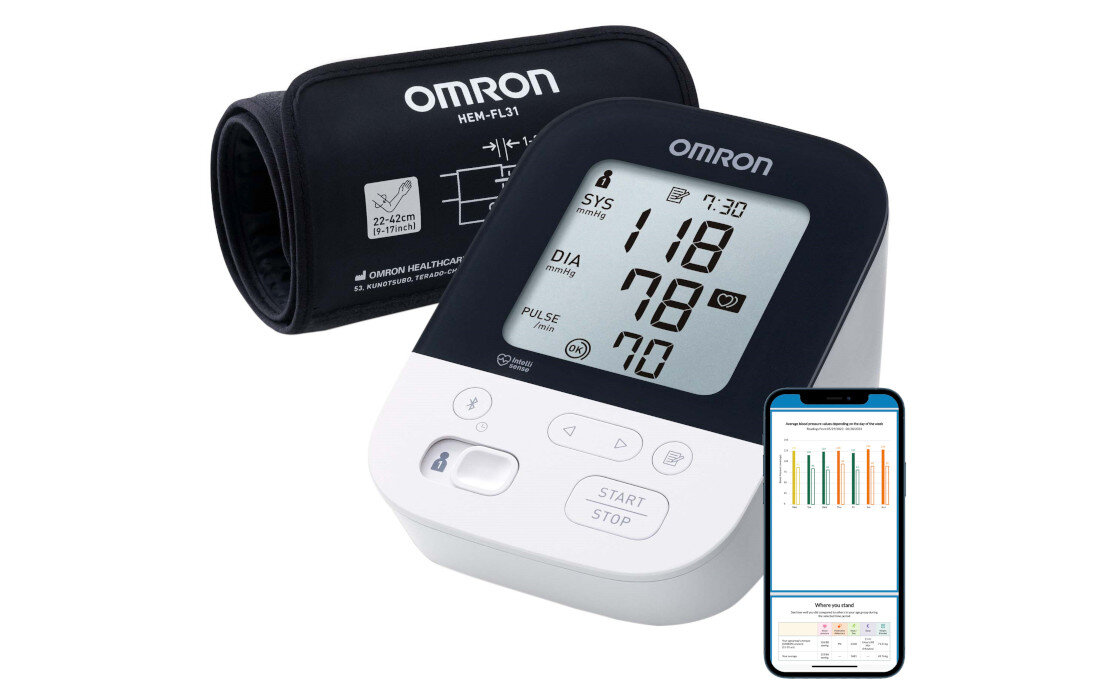 OMRON-INTELLI ciśnieniomierz wygodny ramienny obsługa ciśnienie mankiet intelli wrap nieregularny rytm serca kompatybilność aplikacja omron connect czujnik ruchu arytmia wskaźnik ciśnienia krwi dopompowywanie powietrze użytkownik
