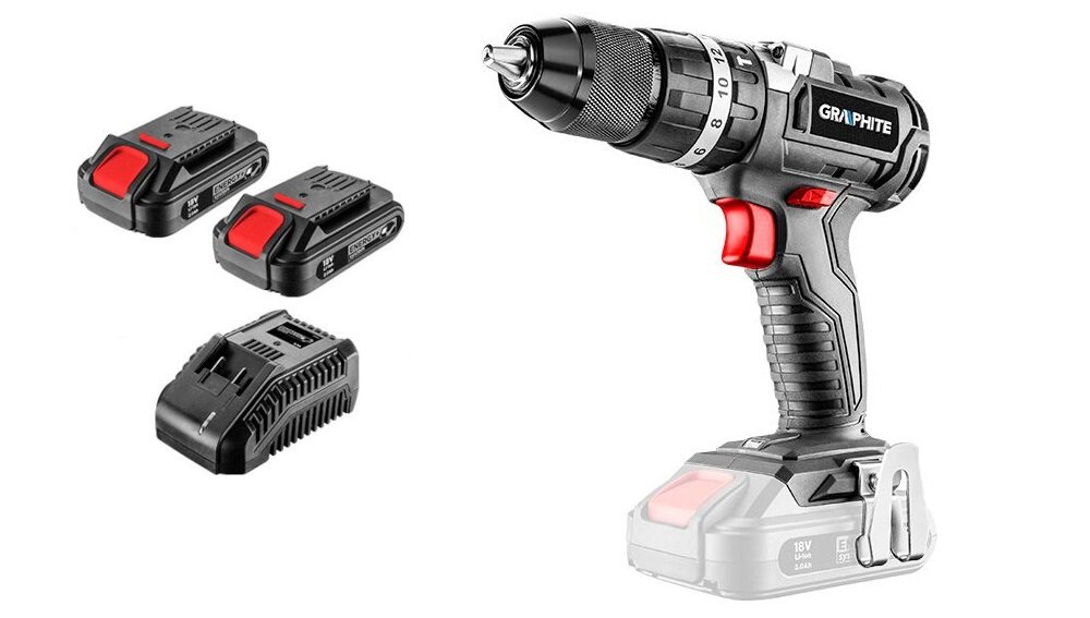 Wiertarko-wkrętarka GRAPHITE Energy+ 58G020-SET2 zasilanie akumulatorowe akumulator Li-Ion napięcie 18 V pojemność 2,0 Ah technologia litowo-jonowa maksymalny moment obrotowy do 58 Nm 16-stopniowa regulacja momentu obrotowego elektryczny hamulec