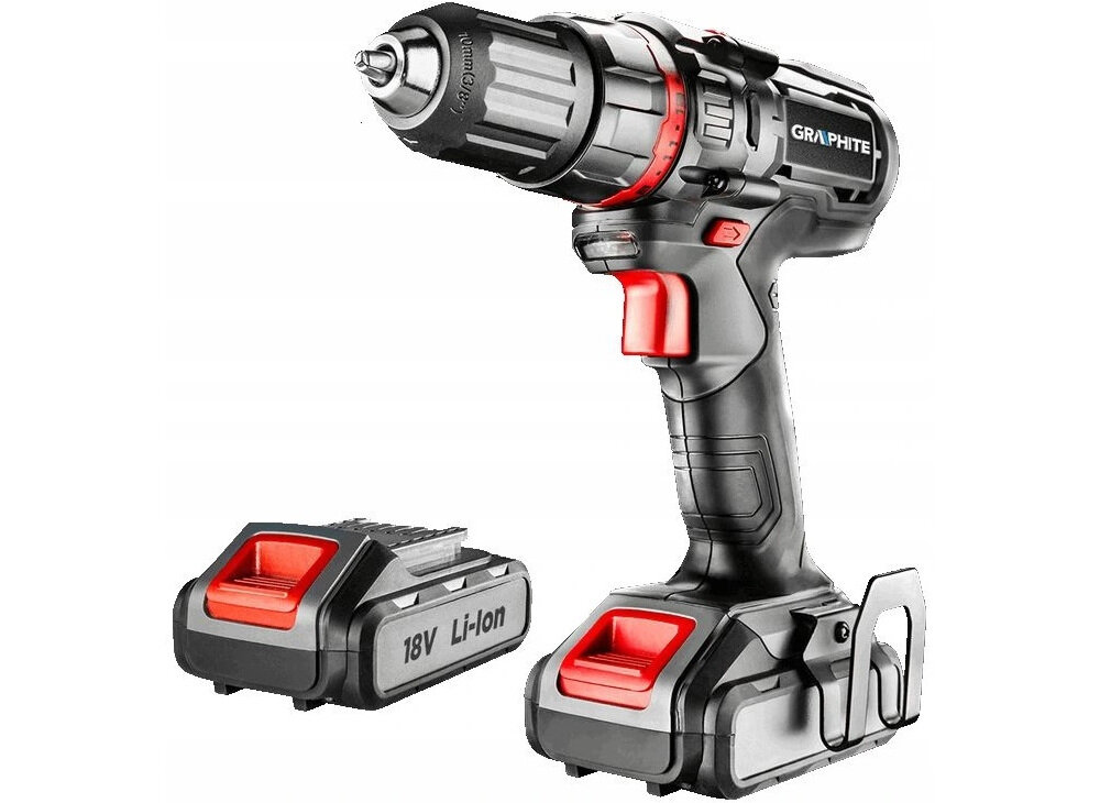 Wiertarko-wkrętarka GRAPHITE 58G022-SET2 Energy+ zasilanie akumulatorowe akumulator Li-Ion napięcie 18 V pojemność 2,0 Ah technologia litowo-jonowa maksymalny moment obrotowy do 44 Nm 19-stopniowe sprzęgło regulowane dodatkowe opcje wiercenia