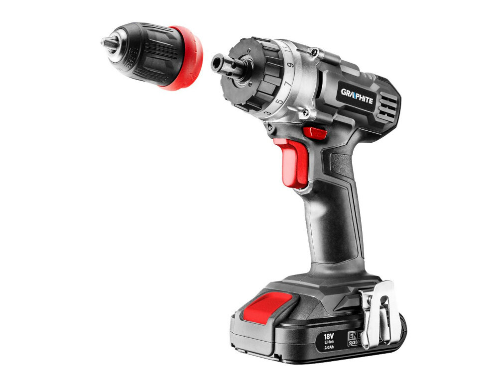 Wiertarko-wkrętarka GRAPHITE 58G022-SET2 Energy+ 2-biegowa przekładnia dobrnie prędkośći do rodzaju wykonywanej pracy dłuższy czas pracy akumulatora na jednym cyklu ładowania dłuższa żywotność