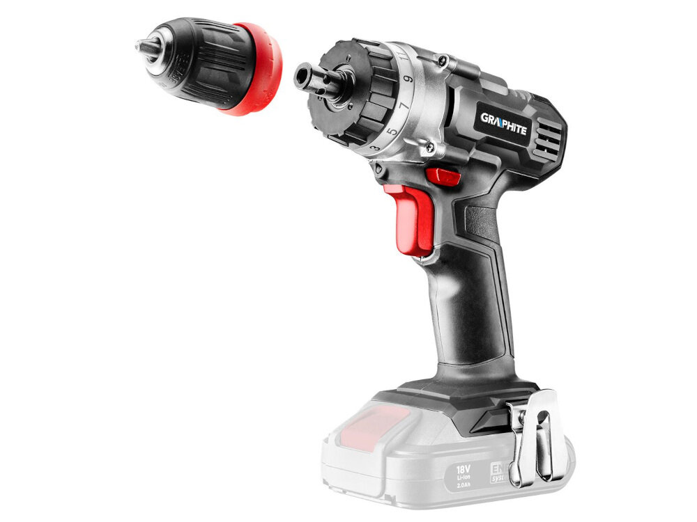 Wiertarko-wkrętarka GRAPHITE 58G022-SET2 Energy+ solidny uchwyt kompaktowa ergonomiczna konstrukcja rękojeść powleczona antypoślizgowym materiałem samozaciskowy uchwyt osprzęt o średnicy 0,8-10 mm