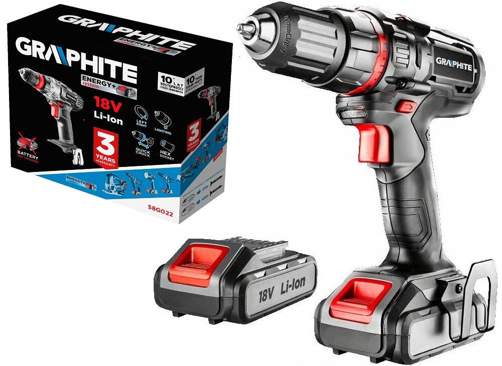 Wiertarko-wkrętarka GRAPHITE 58G022-SET2 Energy+ w zestawie 2 akumulatory ładowarka walizka zaczep do paska instrukcja obsługi w języku polskim karta gwarancyjna