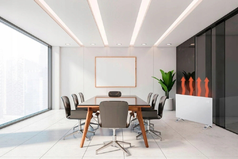 Grzejnik konwektorowy NEO 90-094 Elegancki design wykonanie hartowane szkło biała kolorystyka kolor urządzeniu uniwersalny Kompaktowe wymiary waga głębokośc szerokość wysokość montaż