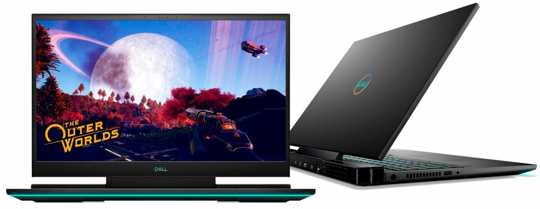 Na obrazie widoczny jest laptop z wyświetlonym ekranem gry \'The Outer Worlds\' oraz drugi laptop pokazany z boku i tyłu. Na obudowie laptopa znajduje się logo DELL.