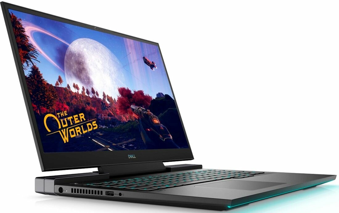 Laptop z widocznym logo \'Dell\' na obudowie, na ekranie wyświetlana jest gra \'The Outer Worlds\'.