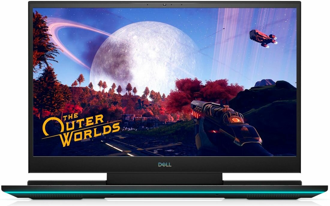 Laptop z widocznym ekranem, na którym wyświetlana jest gra \'The Outer Worlds\'. Na obudowie znajduje się logo \'Dell\'.