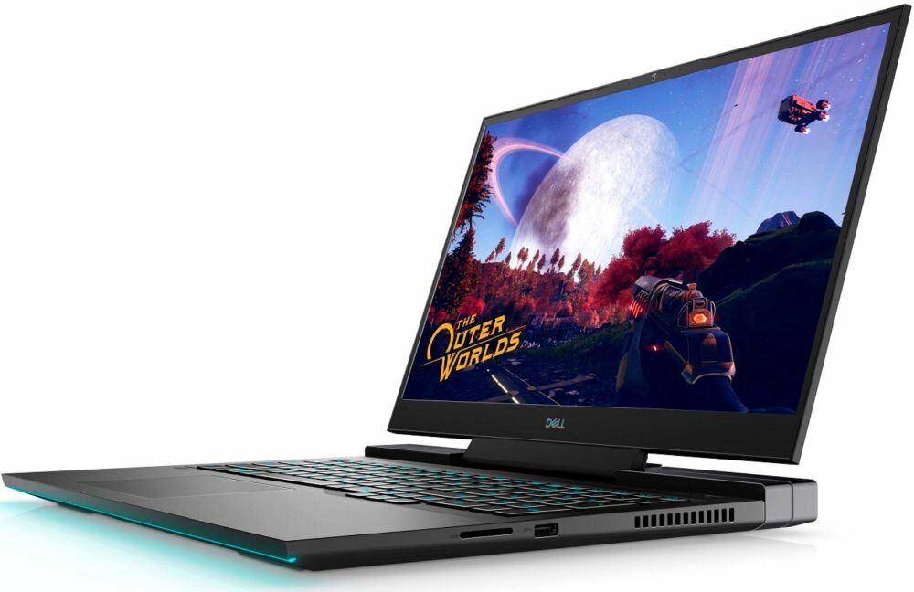 Laptop z logo Dell na obudowie, z wyświetlaczem pokazującym grę \'The Outer Worlds\'.