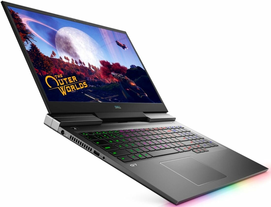 Laptop z logo DELL na obudowie, z wyświetlaczem pokazującym grę \'The Outer Worlds\'. Klawiatura podświetlana w różnych kolorach.