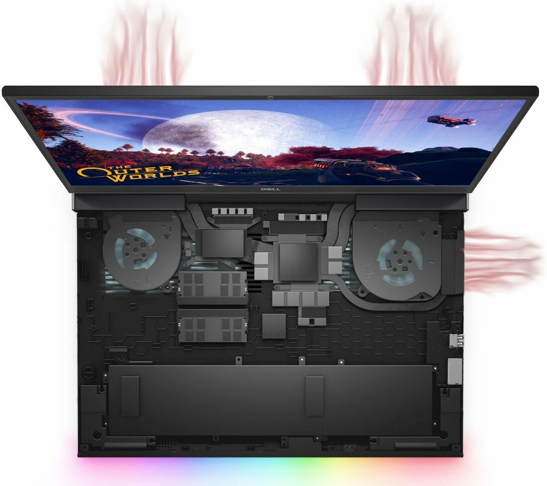 Obraz przedstawia otwarty laptop z widocznymi komponentami wewnętrznymi, takimi jak wentylatory i układy chłodzenia. Na ekranie wyświetlana jest gra \'The Outer Worlds\'.