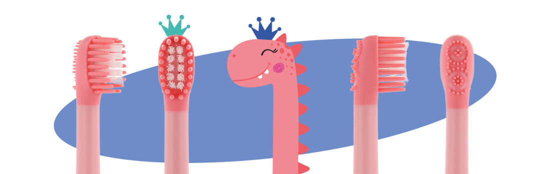 Oryginalna końcówka do szczoteczki VITAMMY Dino Różowy (4 szt.) (Zaokrąglone włosie) wygląd design prezentacja wizualizacja Zdrowy uśmiech dziecka