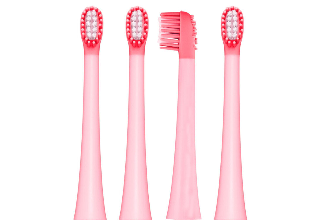 Oryginalna końcówka do szczoteczki VITAMMY Dino Różowy (4 szt.) (Zaokrąglone włosie) Powierzchnia do czyszczenia języka strefa do mycia języka pomoc redukcja bakterie dla dzieci od 3 roku życia Zalecana wymiana co trzy miesiące