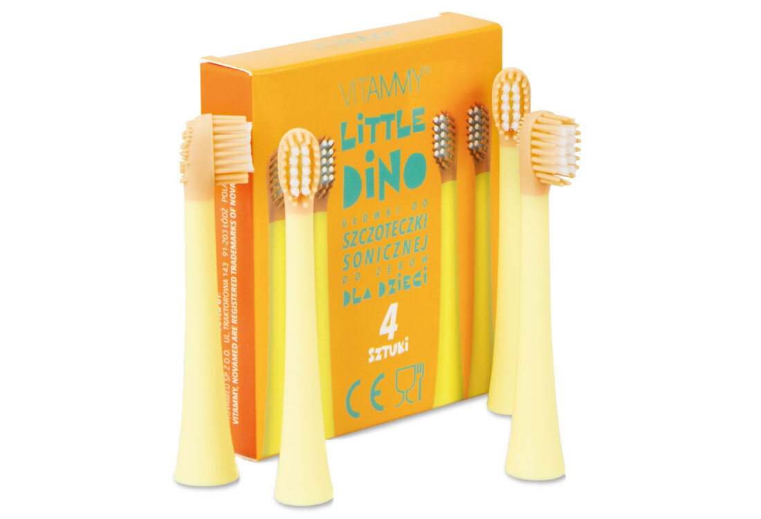 Oryginalna końcówka do szczoteczki VITAMMY Dino Żółty  (4 szt.) (Zaokrąglone włosie) wygląd design prezentacja wizualizacja Zdrowy uśmiech dziecka