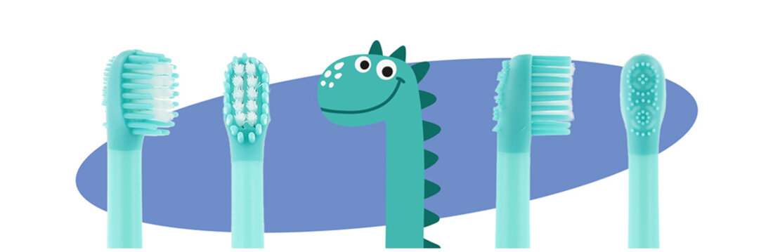 Oryginalna końcówka do szczoteczki VITAMMY Dino Żółty  (4 szt.) (Zaokrąglone włosie) Powierzchnia do czyszczenia języka strefa do mycia języka pomoc redukcja bakterie dla dzieci od 3 roku życia Zalecana wymiana co trzy miesiące 