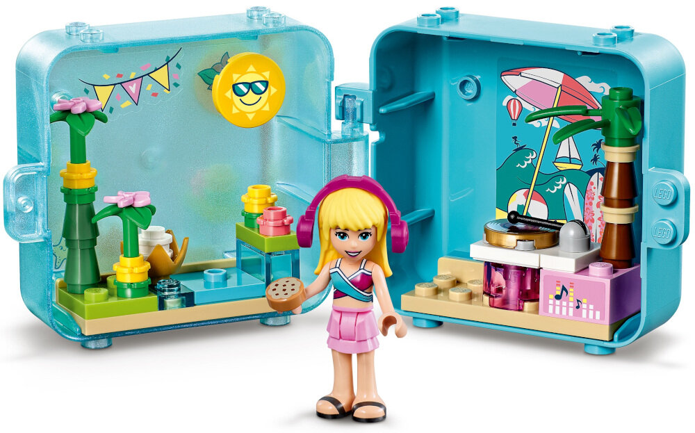 LEGO Friends Letnia kostka do zabawy Stephanie 41411 przenośna kostka do zabawy figurka tajemniczego zwierzątka w losowym kolorze kreatywne akcesoria do zabawy w plażowego DJ-a