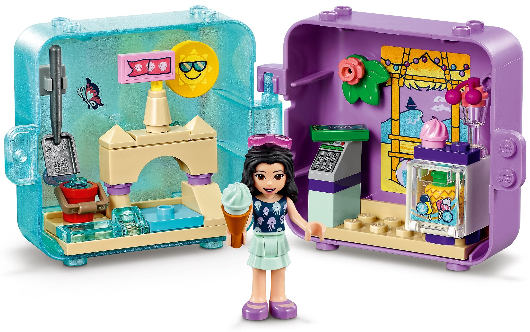 LEGO Friends Letnia kostka do zabawy Emmy 41414 przenośna kostka do zabawy miniaturowa plażowa scenka zamek z piasku stoisko z lodami kreatywne akcesoria