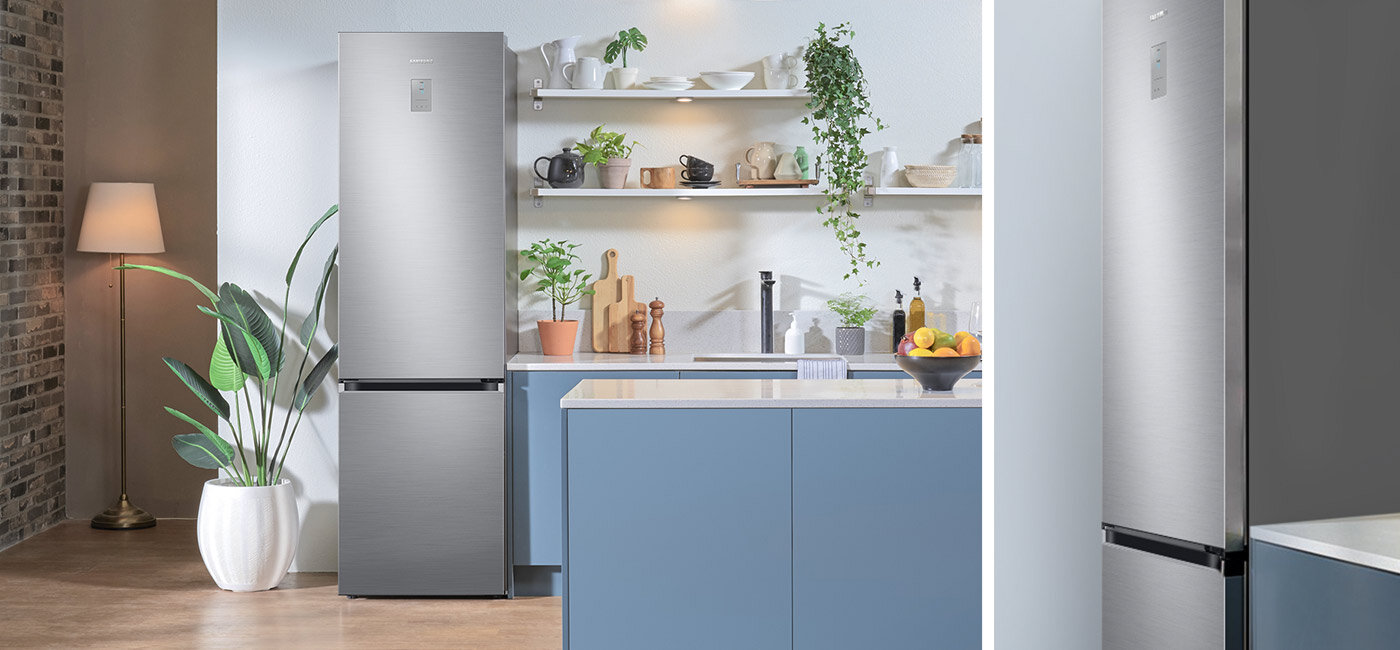 A Samsung RB38T675DS9 hűtőszekrény modern dizájnja és közeli kép a kifinomult részletekről